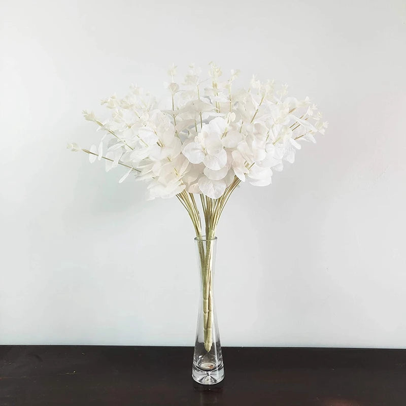 16Heads 50cm Artificial Flower White Fake Eucalyptus Leaves Faux Eucalyptus Branch with Stems for Home/Wedding Party Decor