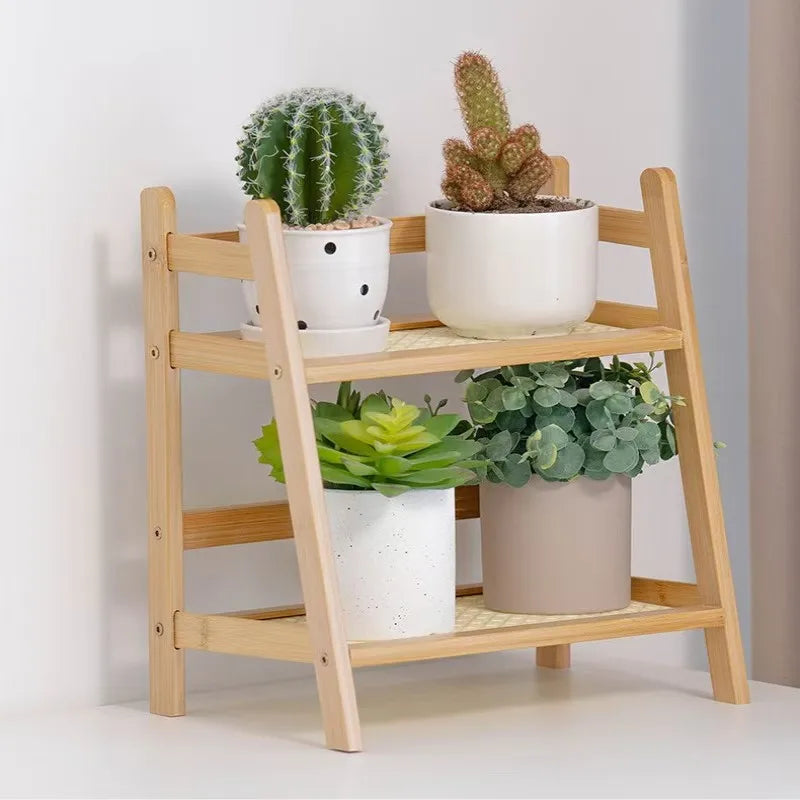 Wooden Storage Shelf 2-Tier Rattan Desktop Stand Organizer Trapezoidal Desk Display Rack Desktop Stationary Office Storage Rack