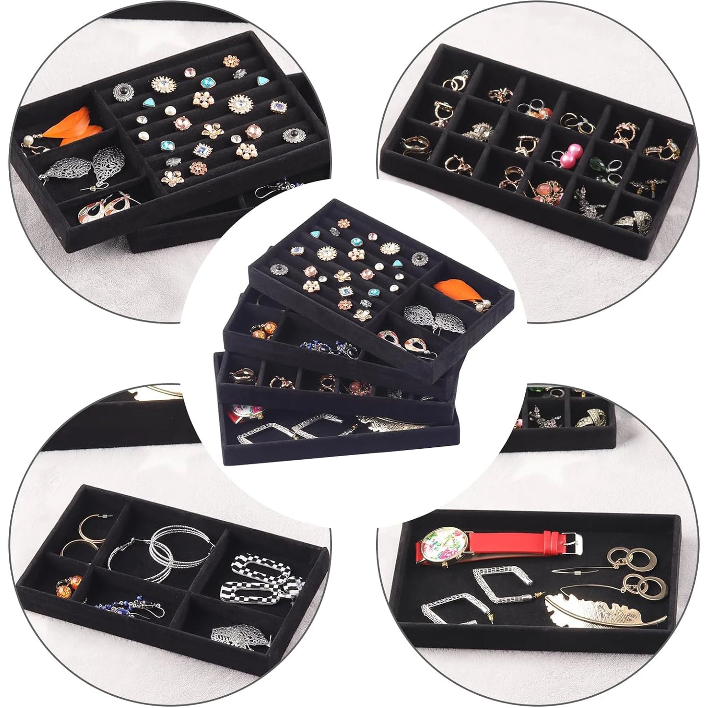 4pcs Hot Sales Fashion Portable Velvet Jewelry Ring Jewelry Display Organizer Box Tray Holder Earring Jewelry Storage