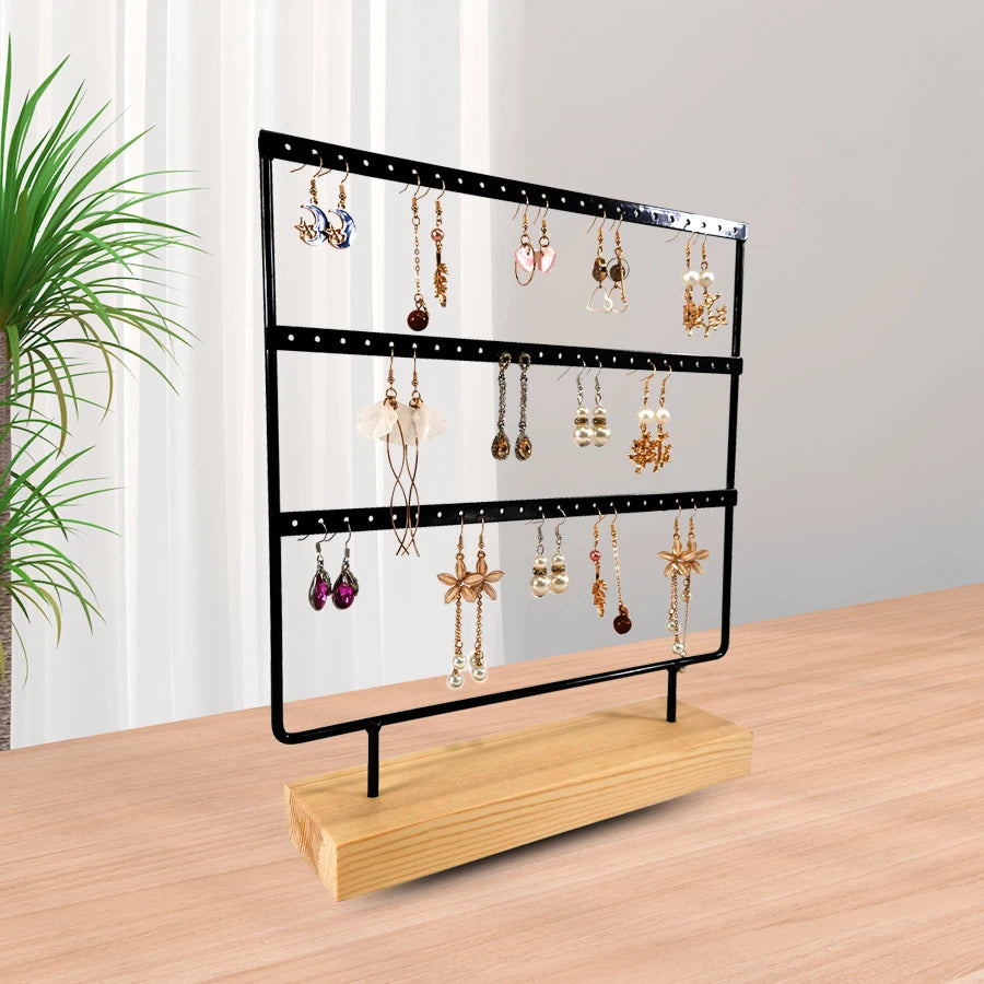 Solid Wood Base Metal Earrings Display Stand 3 Layers 69 Holes Jewelry Rack Earrings Studs Hanging Props Dresser Jewelry Storage