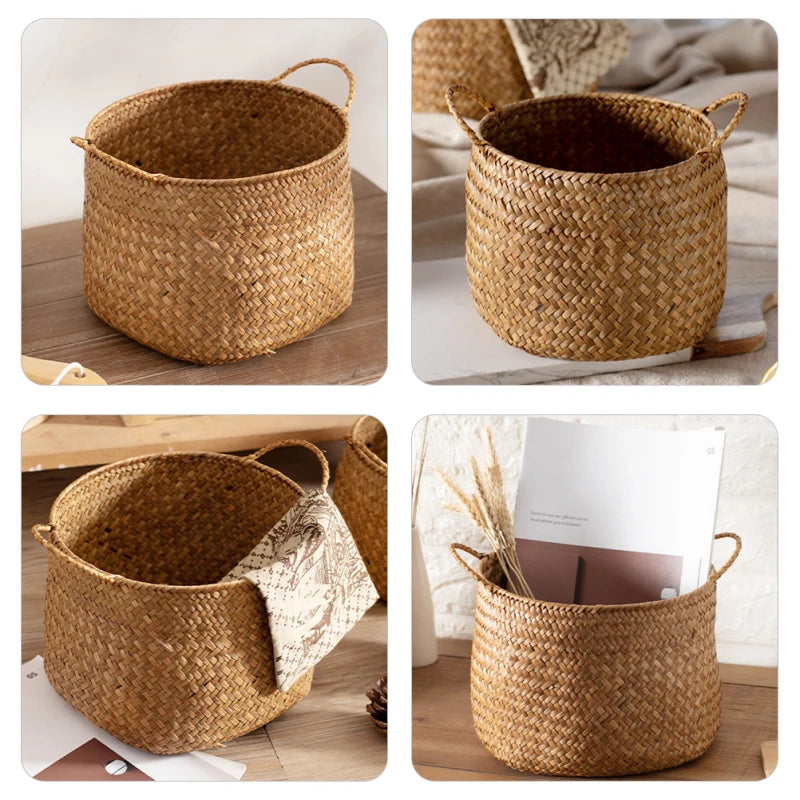Storage Baskets Woven Sundries Small Japanese Flower Wicker Cute Organizers Brown with Handles Shopping
