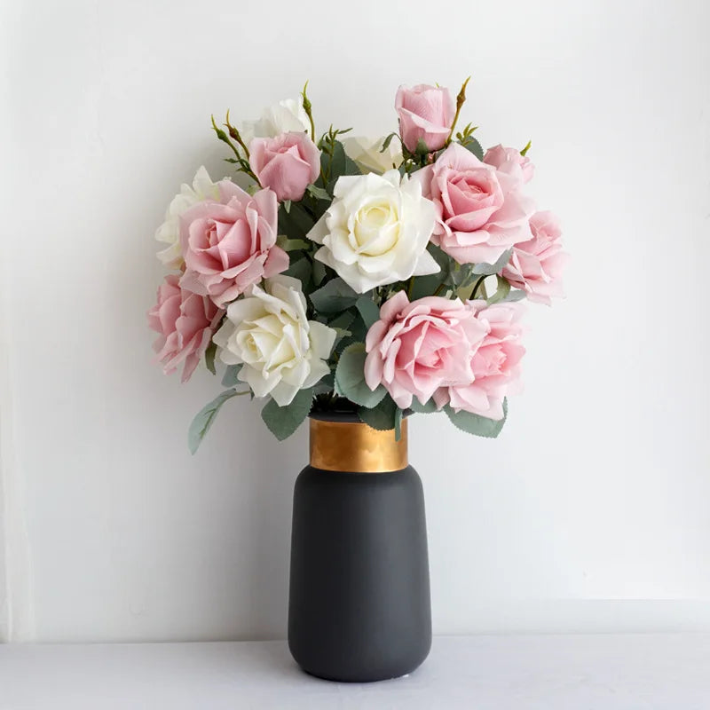 YO CHO Artificial Jasmine Snow Roses Branch Fake Silk Roses Flowers for Wedding Decoration Table Marriage Big Rose Flower Heads