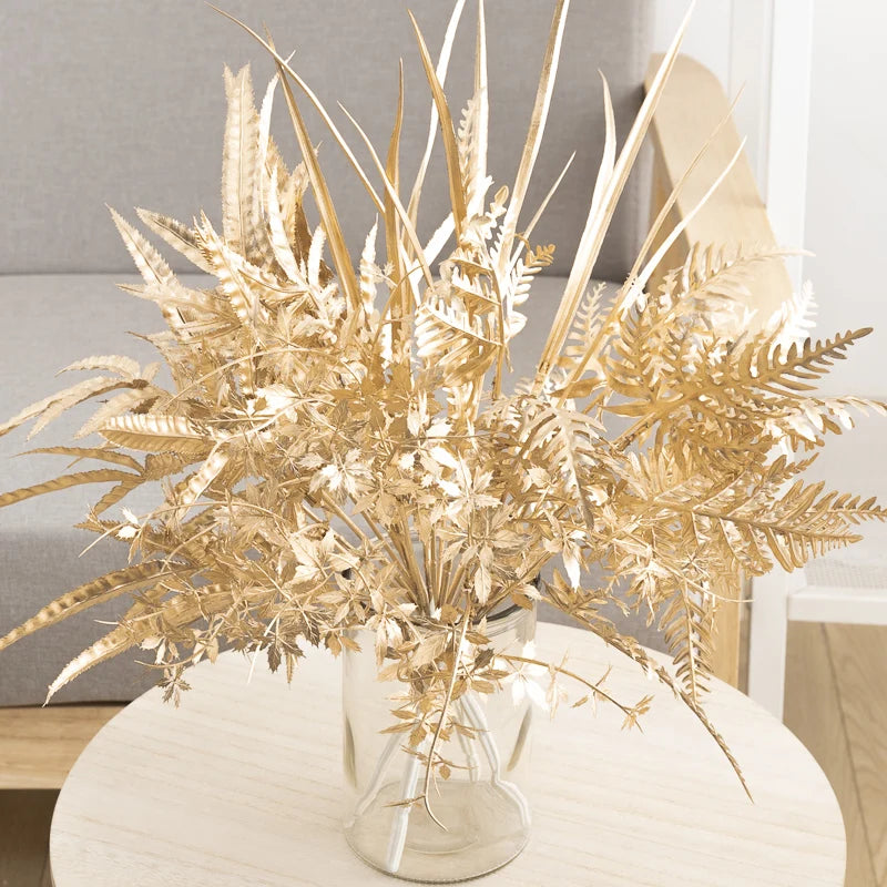 Artificial Plants Gold Fake Flowers Plastic Grass Wedding Arrangement Leaves Autumn Home Party Supplies Christmas Decorations
