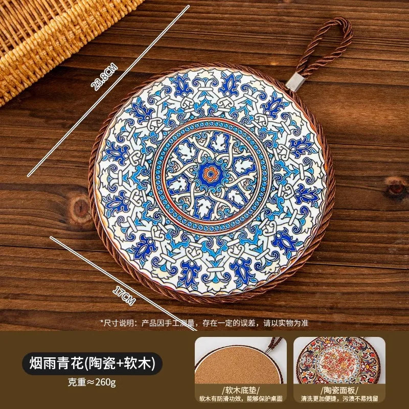 1pcs Ceramic Insulation Pad Ceramic Surface and Cork Bottom Construction with Hanging Rope Suitable for Serving Plates Cups Pans