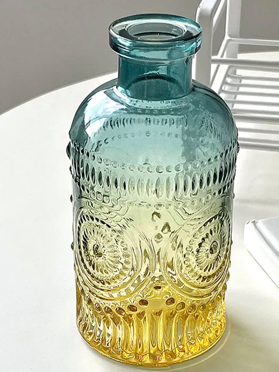 "European-style ins style retro art color transparent glass flower vase small caliber Living room dry flower table decoration"