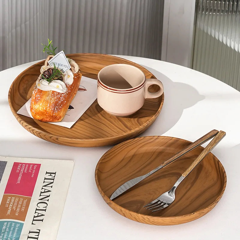 Wood grain tray for breakfast, premium cake, Japanese home coffee, dinner plate, tea tray, ins coffee shop round fruit tray