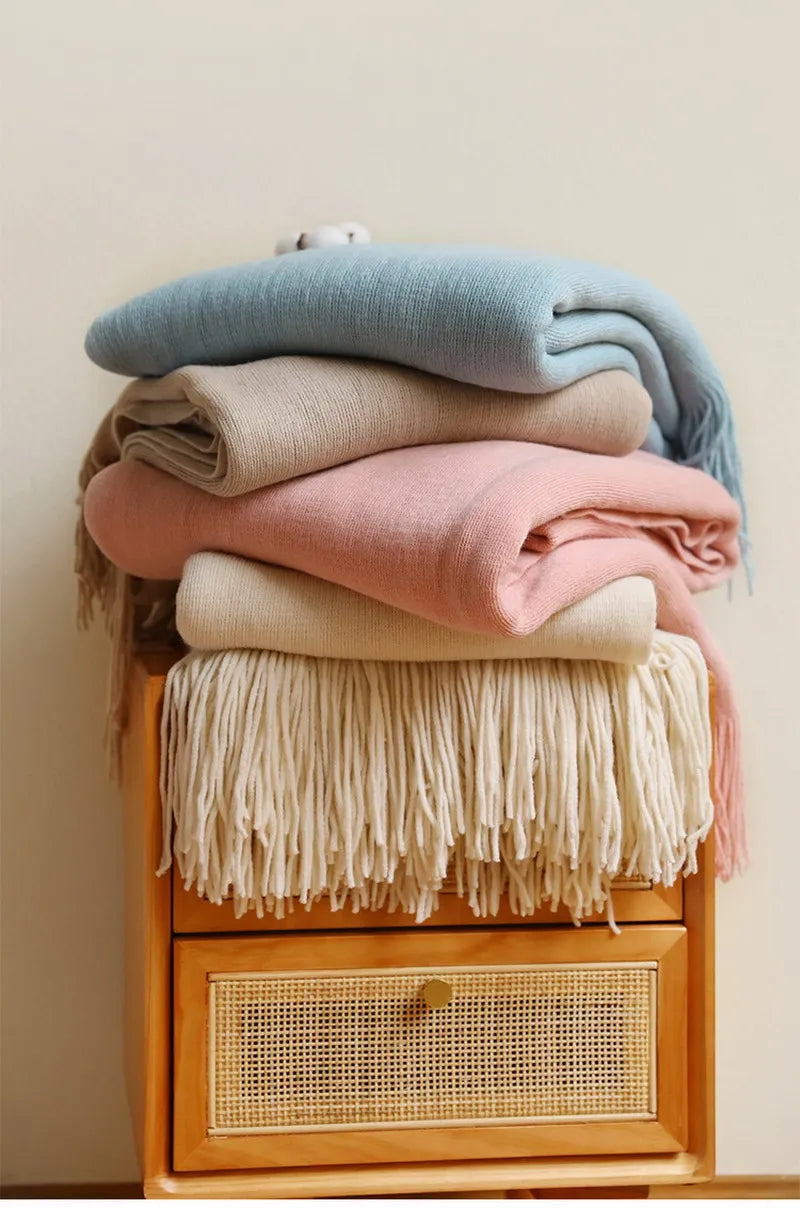 Nordic Knitted Tassels Fringe Blankets Lightweight Throw Solid Blanket Cozy Farmhouse Gift All Season Comfort For Home Travel