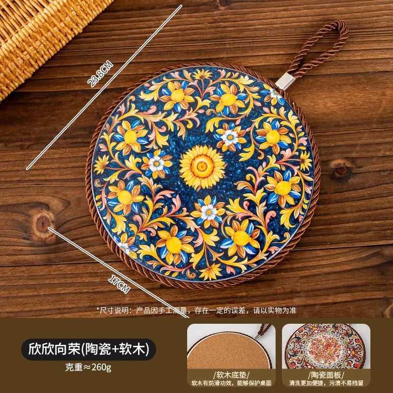 1pcs Ceramic Insulation Pad Ceramic Surface and Cork Bottom Construction with Hanging Rope Suitable for Serving Plates Cups Pans