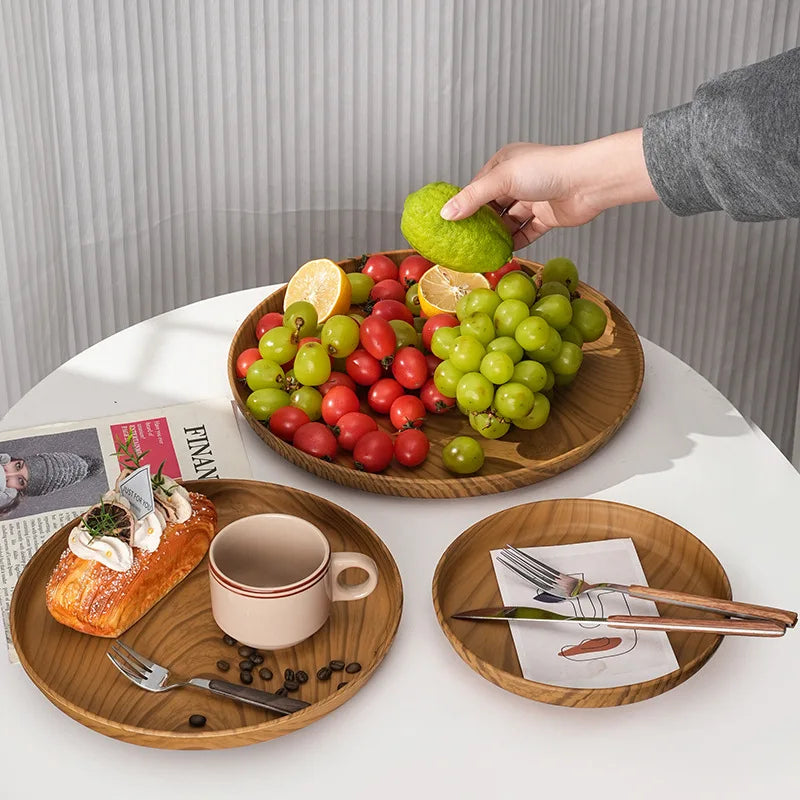 Wood grain tray for breakfast, premium cake, Japanese home coffee, dinner plate, tea tray, ins coffee shop round fruit tray