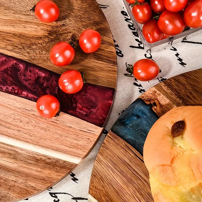 Round Acacia Wood & Resin Food-Safe Cutting Board - Perfect Kitchen Tray for Steak, Snacks, Fruit | Home & Restaurant Use