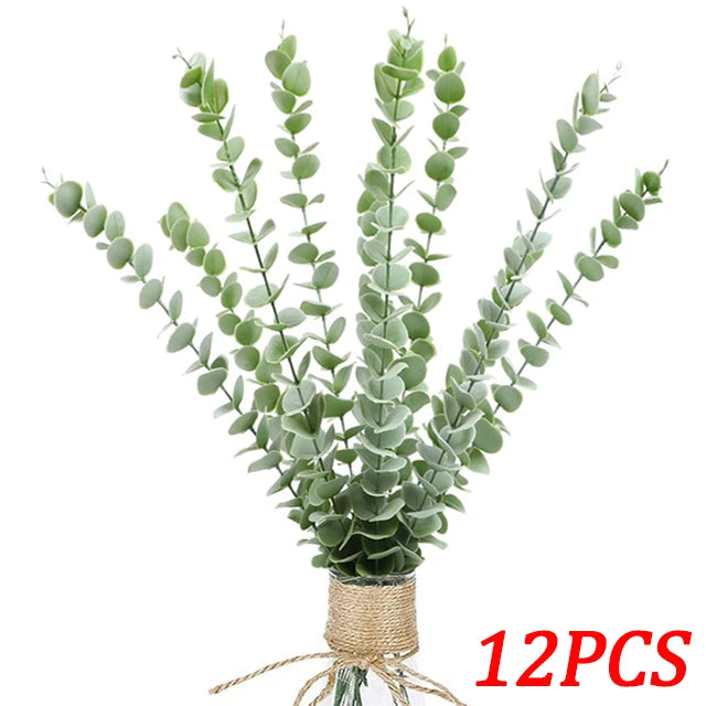 12/10PCS  Eucalyptus Leaves Bunch Branch Artificial Plastic Plants Leaves Green Stems Wedding Faux Fake Flowers Cake DIY Decor