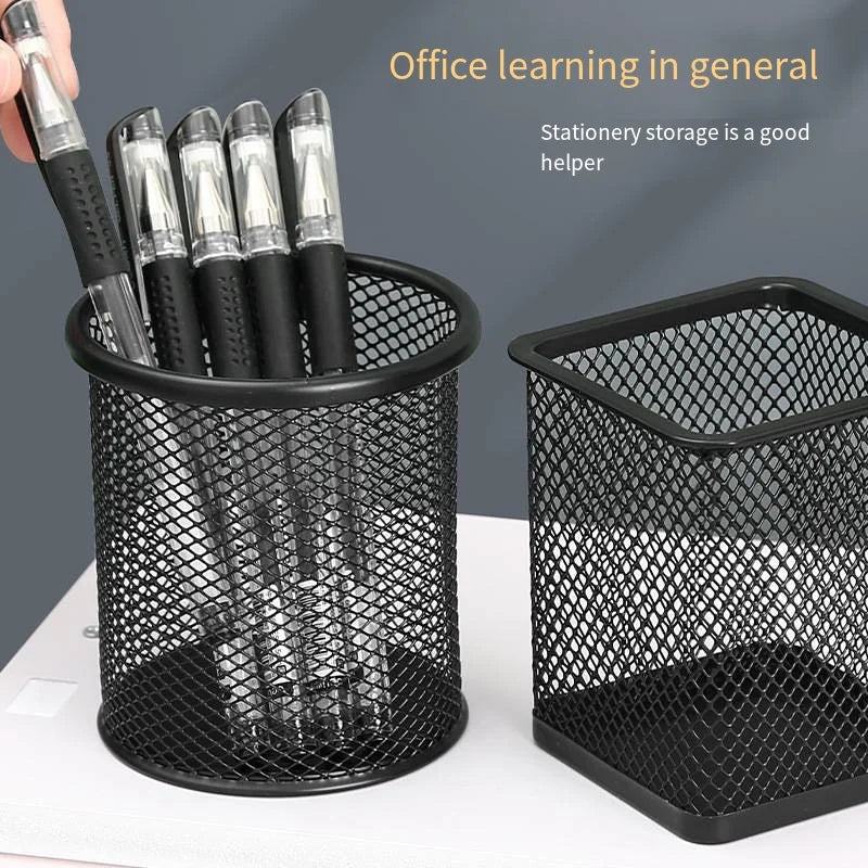 Iron pen holder hollow desktop storage bucket Student stationery multi-functional office black color round square pen holder