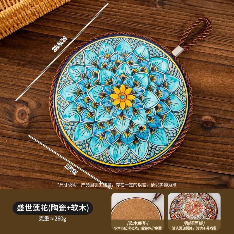 1pcs Ceramic Insulation Pad Ceramic Surface and Cork Bottom Construction with Hanging Rope Suitable for Serving Plates Cups Pans