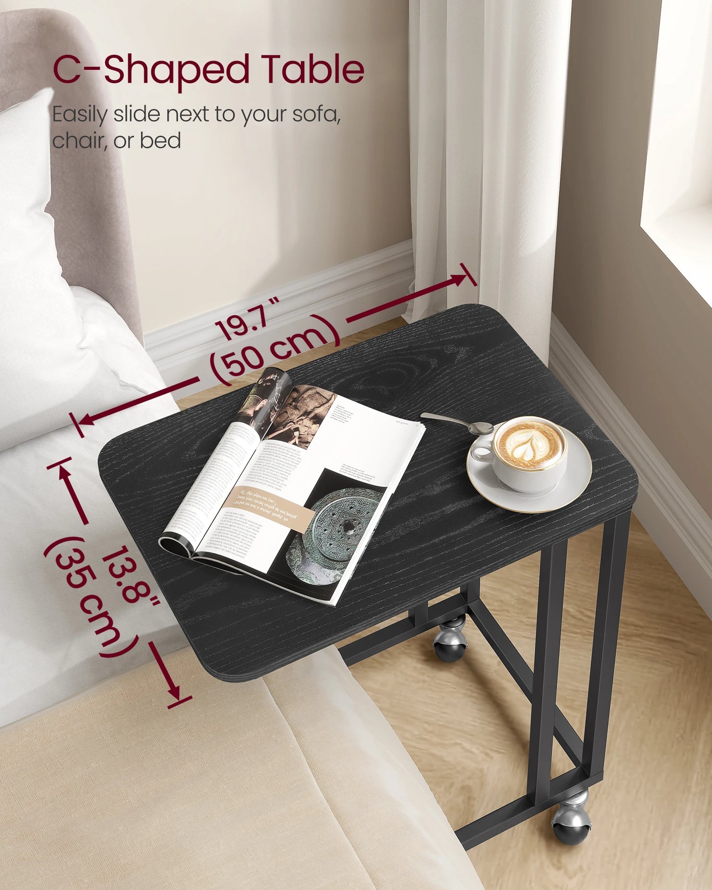 VASAGLE End Table, C Shaped TV Tray with Metal Frame Rolling Casters for Coffee Laptop Mobile Tablet, Industrial Side Table