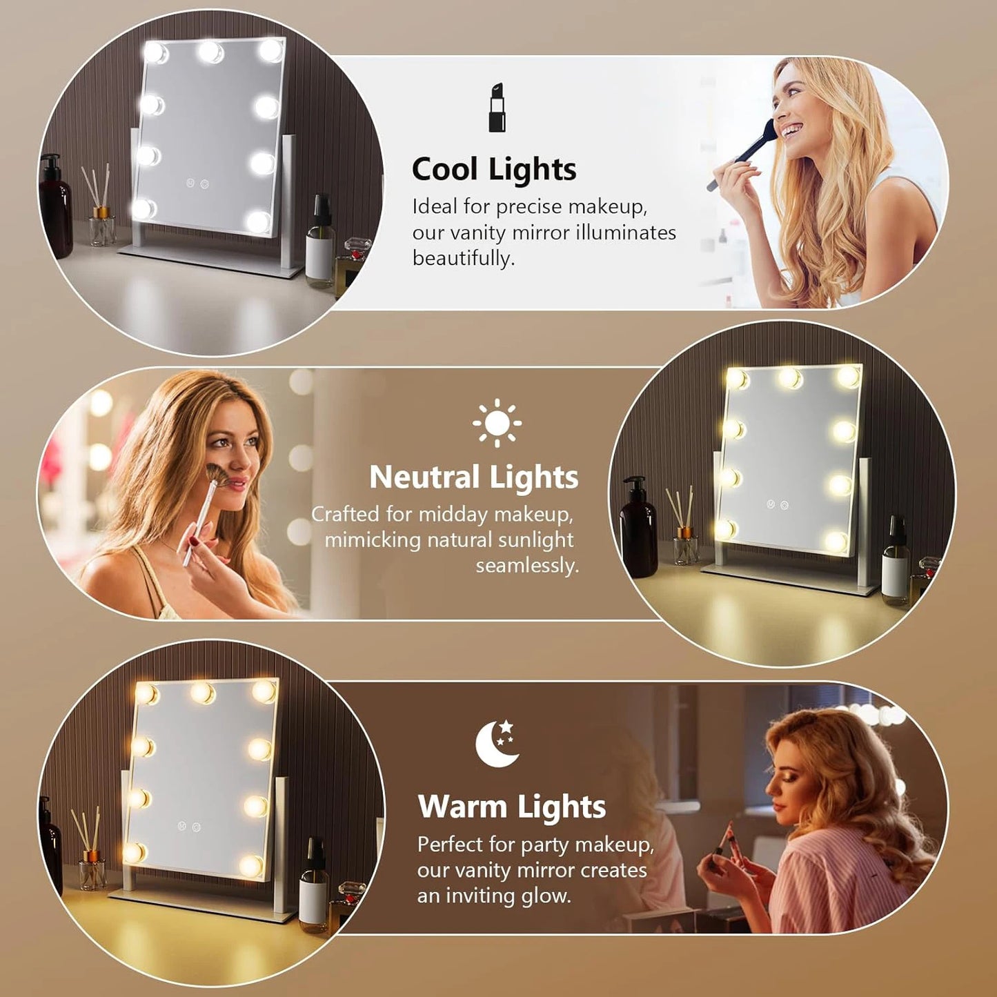Vanity Makeup Mirror with Lights - 9/12 LED Bulbs, Touch Control, 3 Colors Light, 360° Rotation, Light Up Vanity Mirror