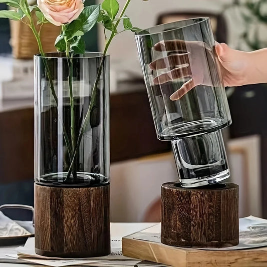 Perfect Elegant Glass Vase - Wooden Base, Ideal for Living Room & Dining Decor, Gift for Friends and Family