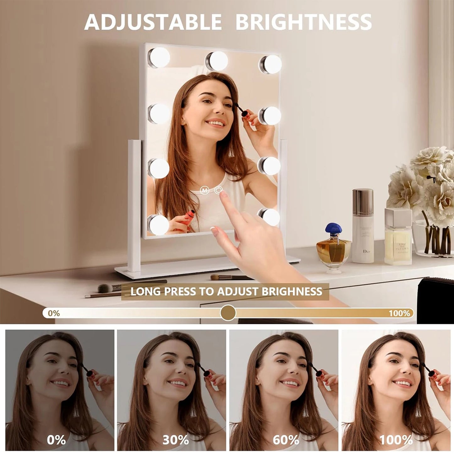 Vanity Makeup Mirror with Lights - 9/12 LED Bulbs, Touch Control, 3 Colors Light, 360° Rotation, Light Up Vanity Mirror