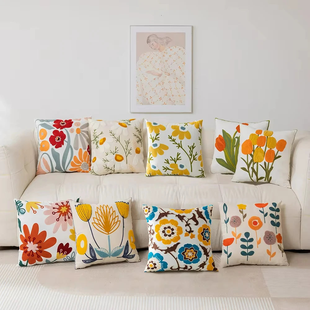 1PC Boho Embroidery Flower Throw Pillow Cover 17.7inx17.7in