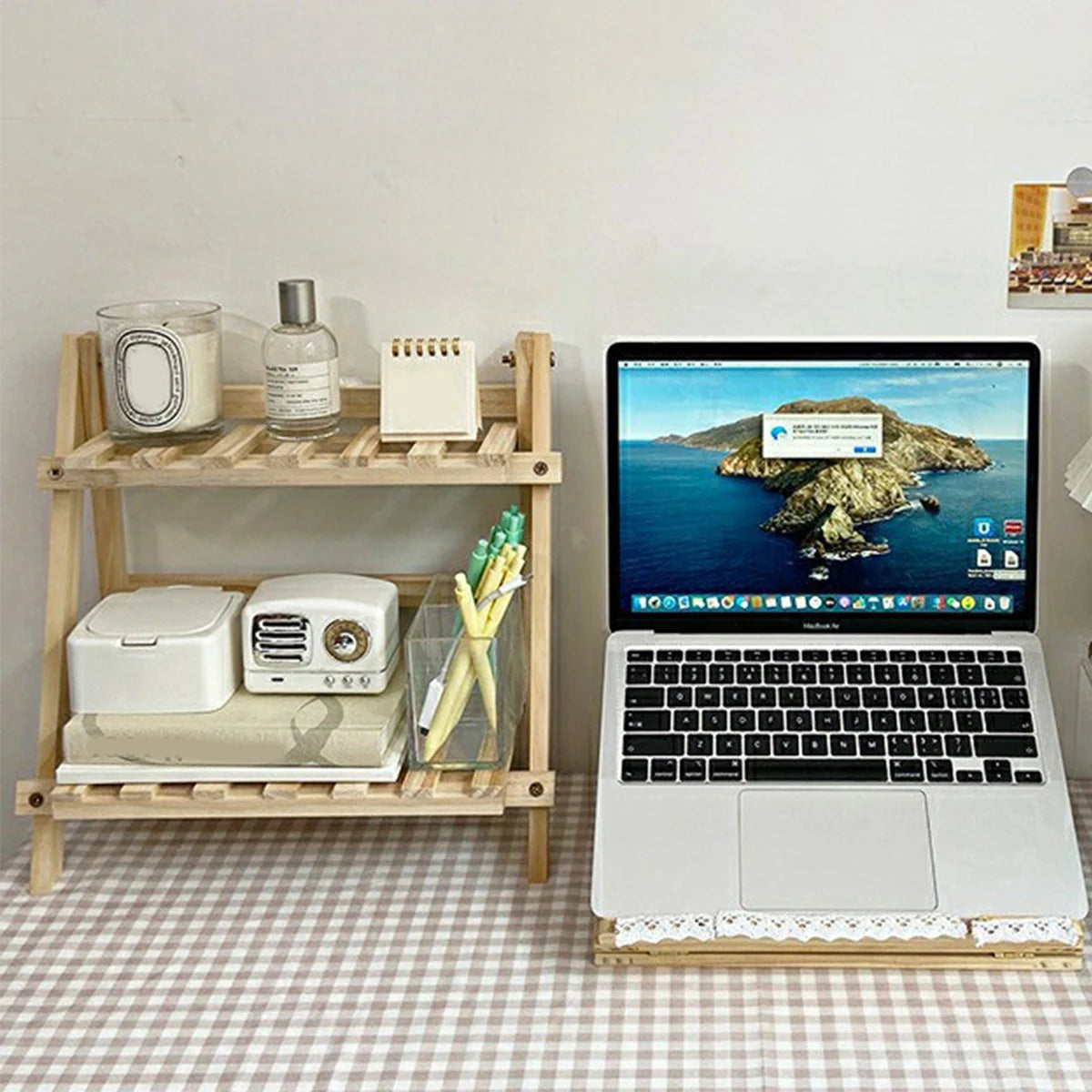 Desktop Storage Wooden Rack Double-Layer Simple Folding Corner Shelf Multifunctional Heavy-Duty Organizer Decoration Bedroom