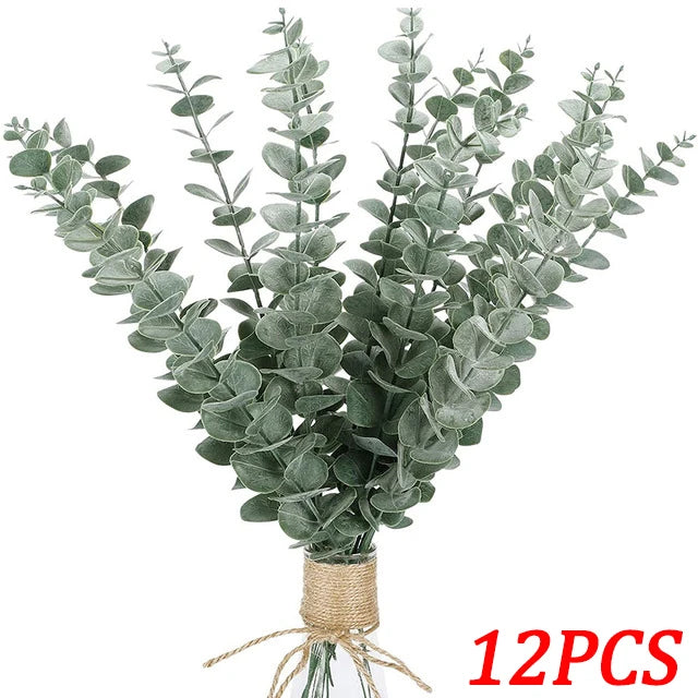 12/10PCS  Eucalyptus Leaves Bunch Branch Artificial Plastic Plants Leaves Green Stems Wedding Faux Fake Flowers Cake DIY Decor