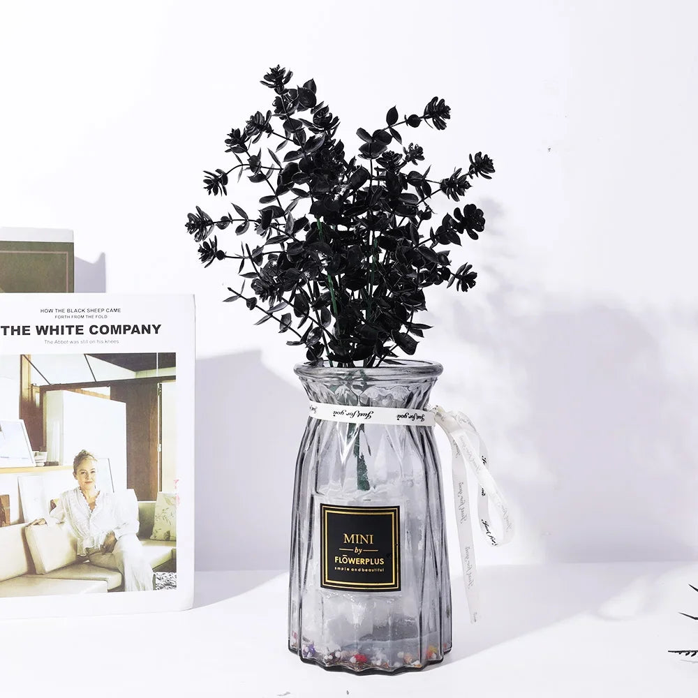 7 Branches Black Eucalyptus Leaf Plastic Artificial Plants Persian Fern Halloween Fake Flower Bouquet Home Party Decoration