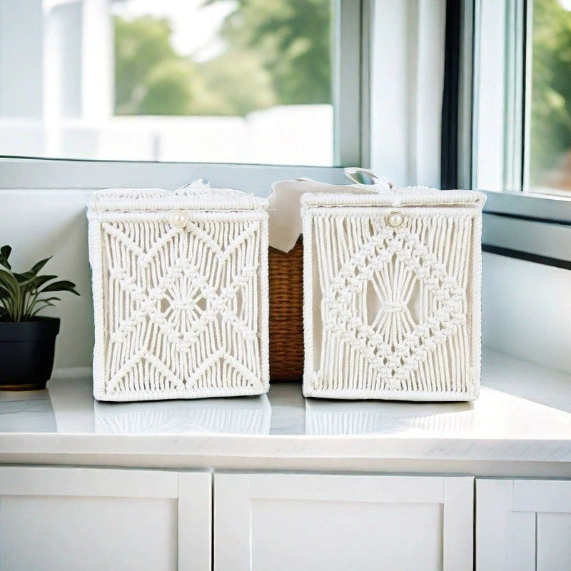 1Pcs Macrame Storage Basket Boho Decor Baskets for Organizing Countertop Toilet Paper Shelf Basket with Handle for Bathroom Bedr