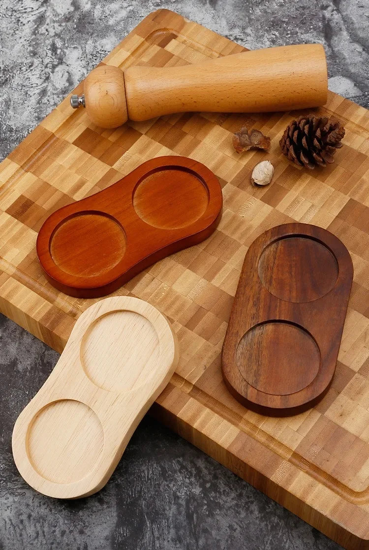 Wood Pepper Mill Tray Bamboo Salt Pepper Shaker Stand Tray Double Hole Base Tea Tray Home Decor Seasoning Bottle Storage Holder