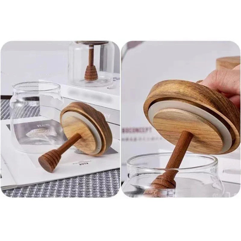Honey Jar High Borosilicate Glass Sealed Tank with Wooden Lid Mixing Rod Wood Dip sticks Transparent Honey Sealed Storage Jars