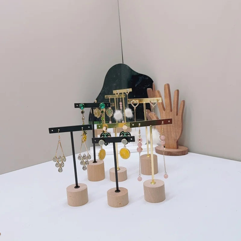 T Bar Earring Display Stand With Wooden Base Jewelry Holders Hanging Jewelry Organizer For Photography Props Iron jewelry rack