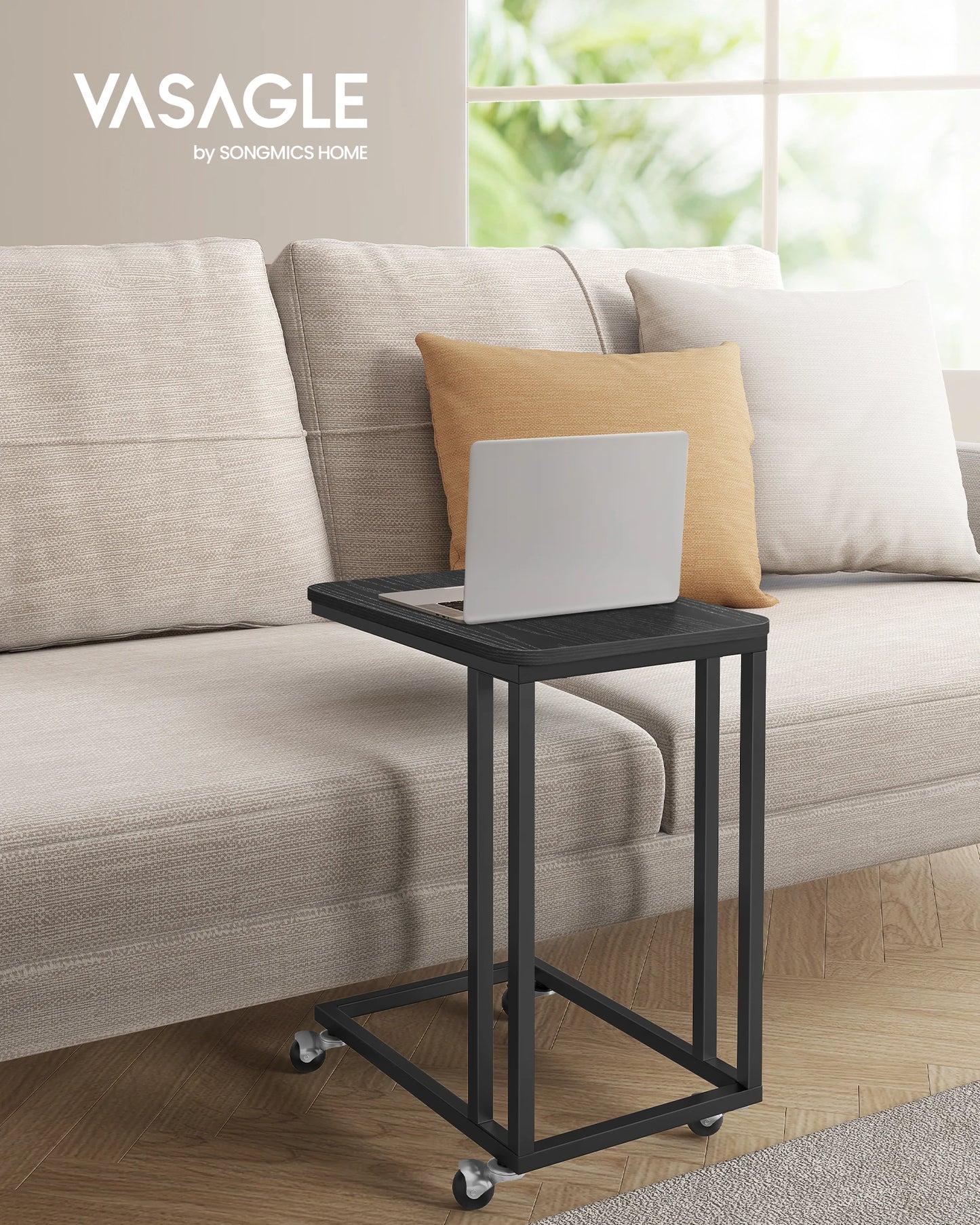 VASAGLE End Table, C Shaped TV Tray with Metal Frame Rolling Casters for Coffee Laptop Mobile Tablet, Industrial Side Table