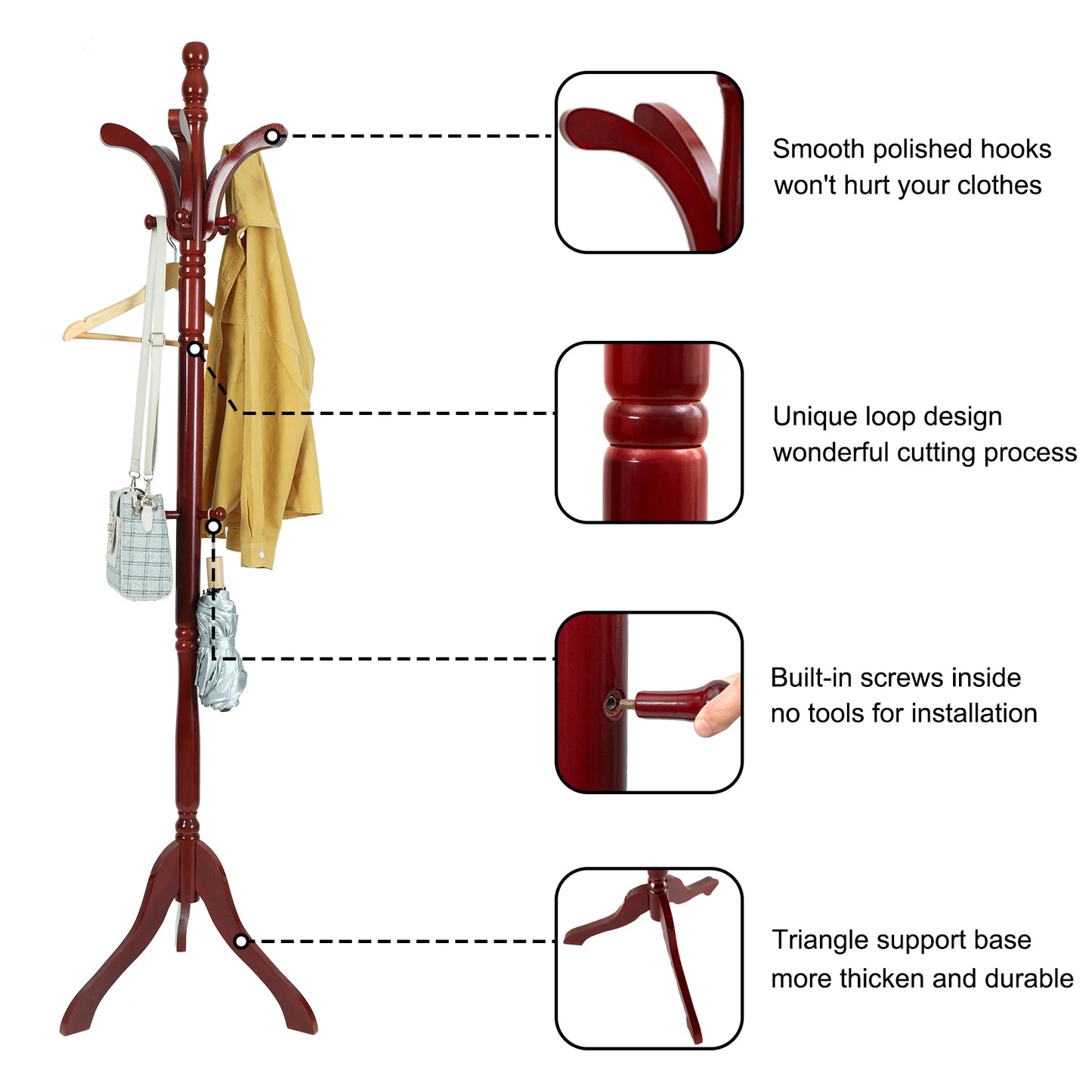 Wood Coat Hat Rack Stand Clothes Hanger Hall Tree Height Adjustable Entryway Clothes Rail