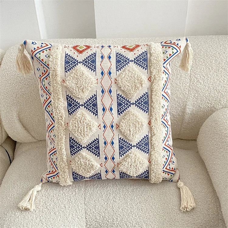 Boho Tufted Throw Pillow Cover with Handwoven Stripes Tribal Bohemian Cotton Hand Woven Tufted Square Cushion Covers JAF076