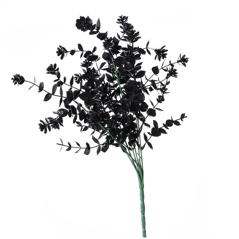7 Branches Black Eucalyptus Leaf Plastic Artificial Plants Persian Fern Halloween Fake Flower Bouquet Home Party Decoration
