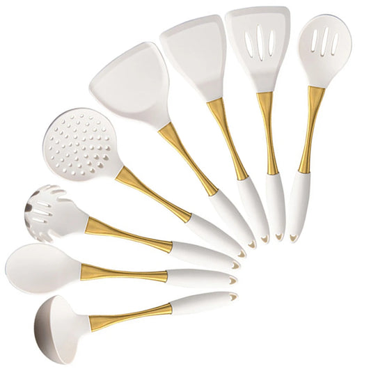 1/8Pcs White Gold Silicone Kitchenware Cooking Utensils Spatula Turner Heat-resistant Pasta Colander Shovel Kitchen Accessories