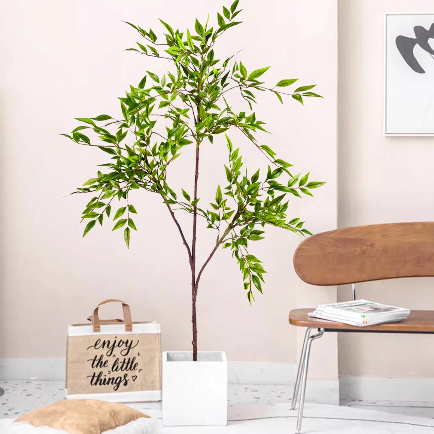 76-140（49.2in）Artificial Ficus Tree Branch Fake Lacquer Tree Plastic Banyan Plants Green Tall Palm Leaves For Home Garden Decor