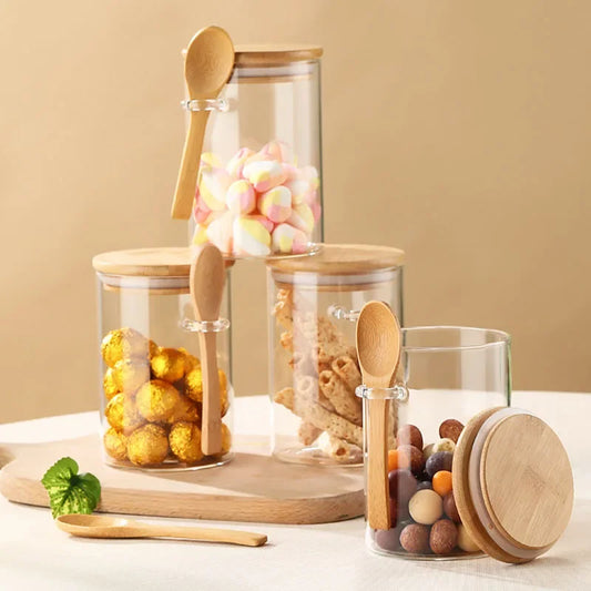 Bamboo Lid with Spoon Sealed Jar Household Glass Storage Jar Tea Jar Coffee Bean Storage Jar Seasoning Jar Milk Powder Jar