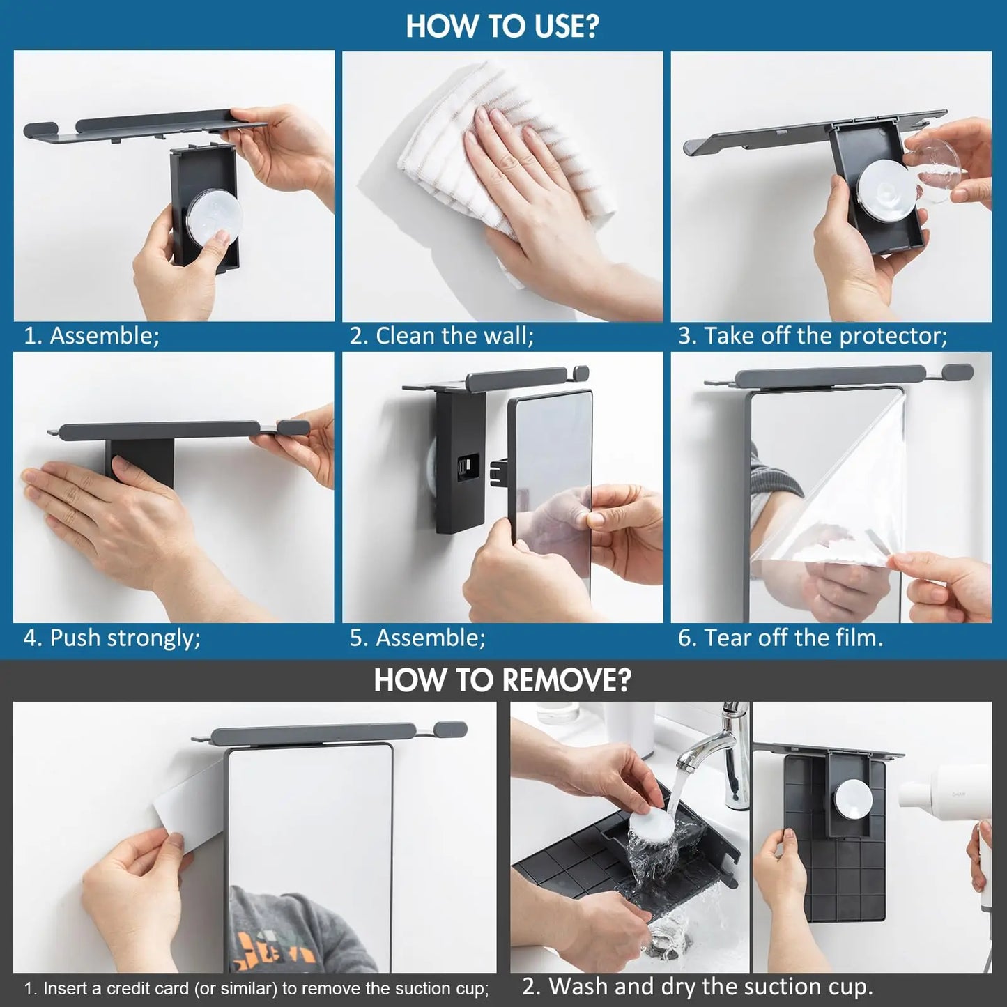 TAILI Acrylic Mirror With Wall Suction Shower Mirror with Razor Holder For Man Shaving Fogless Women Makeup Portable Bathroom