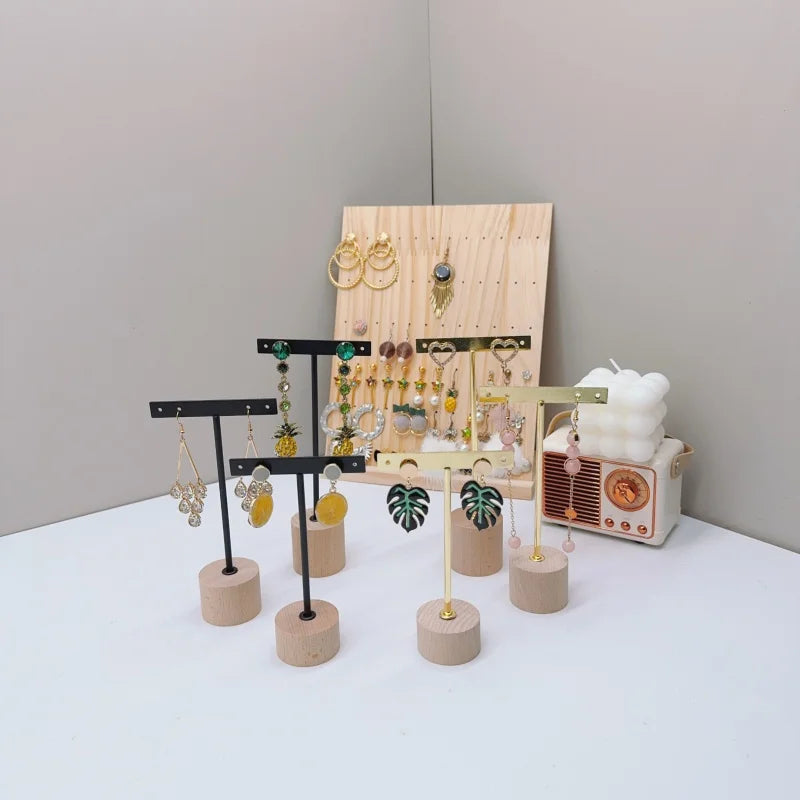 T Bar Earring Display Stand With Wooden Base Jewelry Holders Hanging Jewelry Organizer For Photography Props Iron jewelry rack