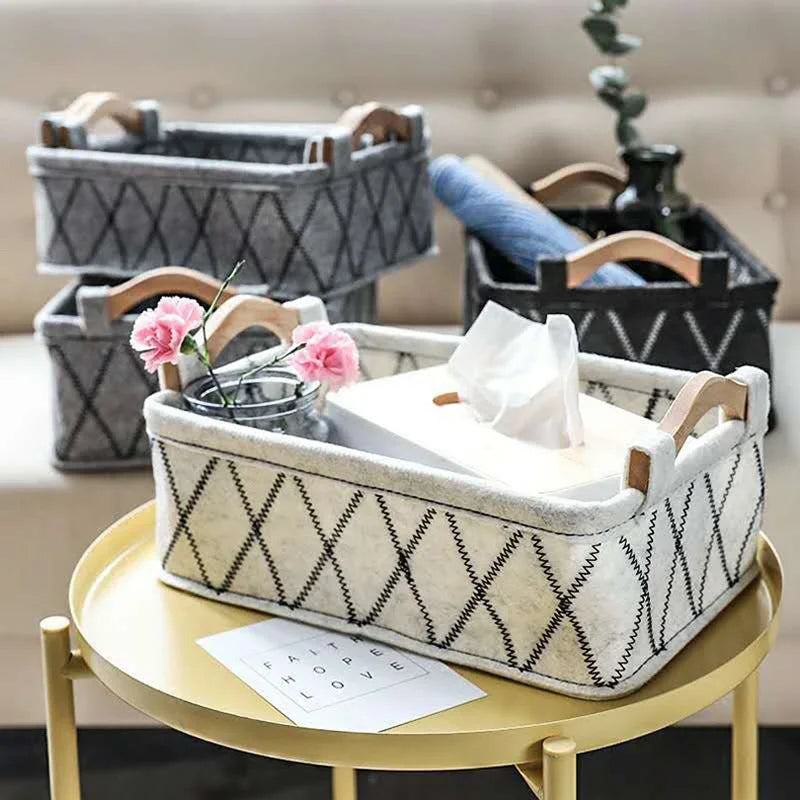 Felt Storage Basket Desk Organizer Toy Basket Storage Bins Makeup Organizer Basket Desktop Wooden Handle Storage Organizer Box