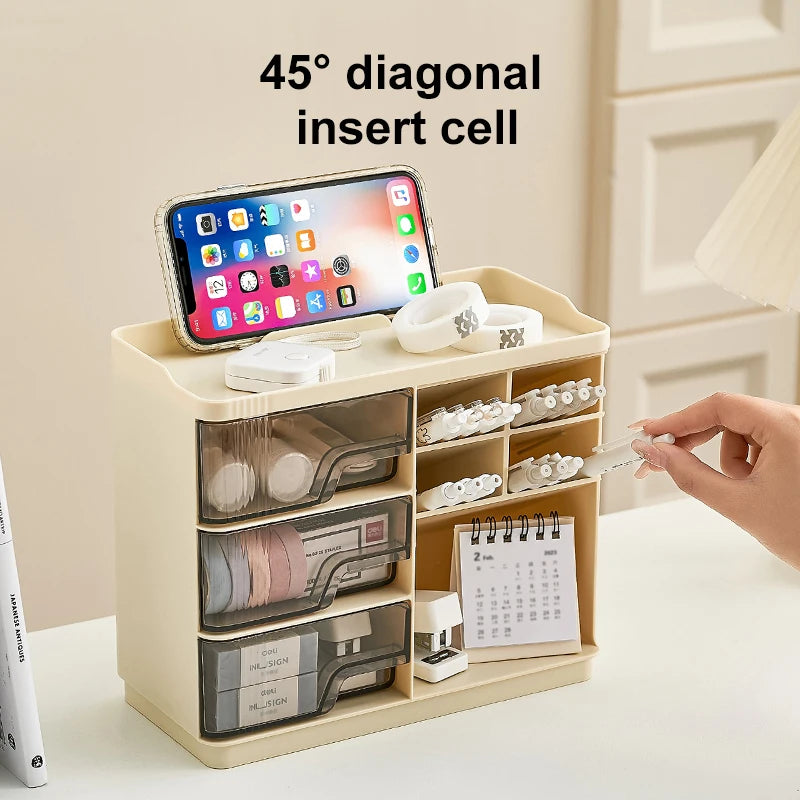 Multi-layer Drawer Type Household Storage , Office Transparent Large Capacity Cream Wind Stationery Storage Box