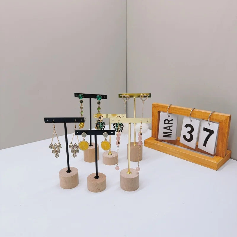 T Bar Earring Display Stand With Wooden Base Jewelry Holders Hanging Jewelry Organizer For Photography Props Iron jewelry rack