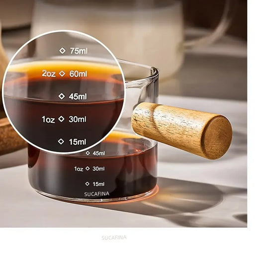 Glass Measuring Cup With Wood Handle 1pc Glass Espresso Measuring Cup Double Single Mouth Milk Coffee Clear Mug Coffee Supplies