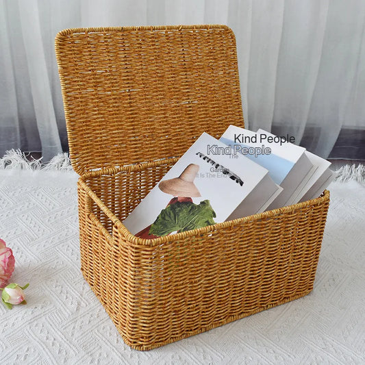 Closet Storage Basket Rattan Woven Organizer Box for Clothes Storage Bin with Lid Home Wardrobe Bedroom Shelf Use