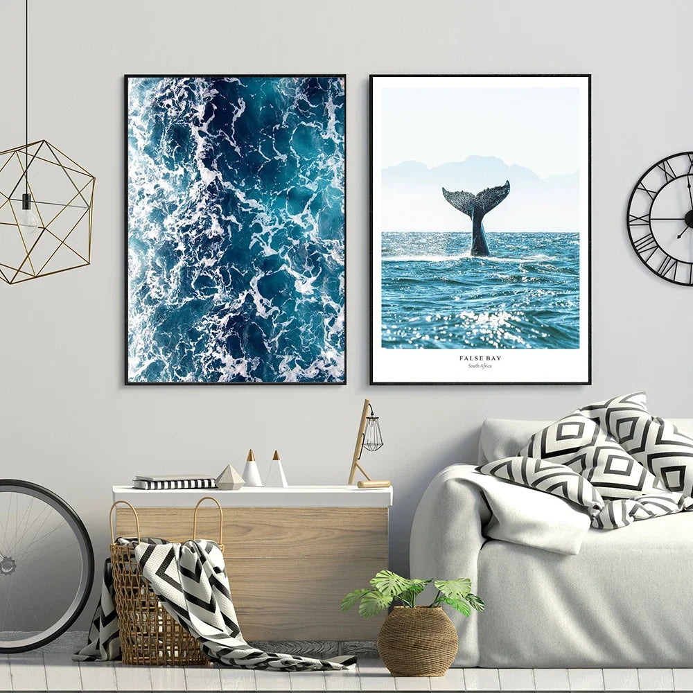 Scandinavian Minimalist Wall Art Blue Whale Tail Sea HD Canvas Oil Painting Poster Prints Home Bedroom Living Room Decoration