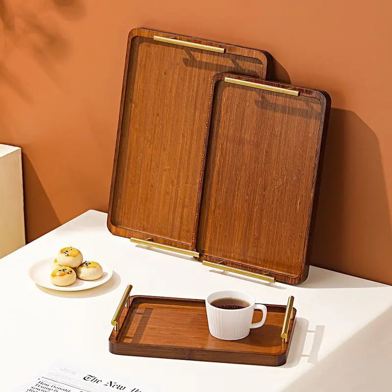 Wooden Rectangular Wooden Tray with Golden Metal Handle for Water Cup Fruit Food Bread Sundries Serving Tray Household Organizer