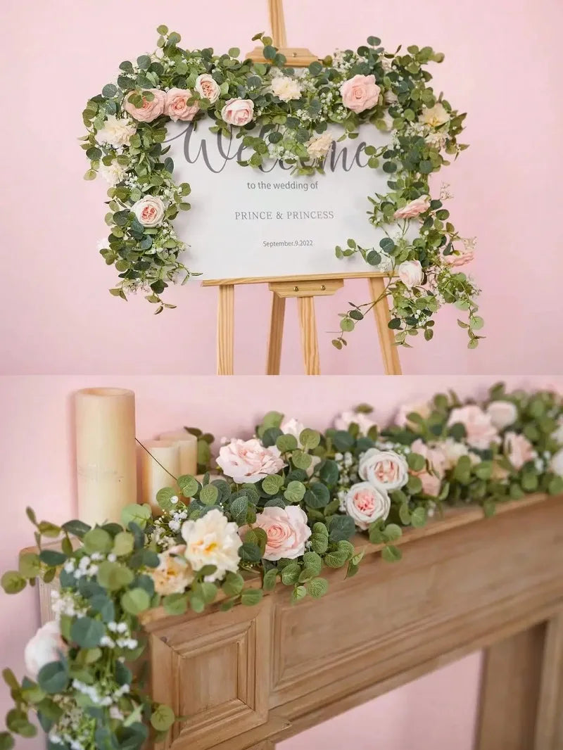 Artificial Flowers Silk Rose Gypsophila Garland Fake Eucalyptus Vine Hanging Plants for Wedding Home Party Craft Decor