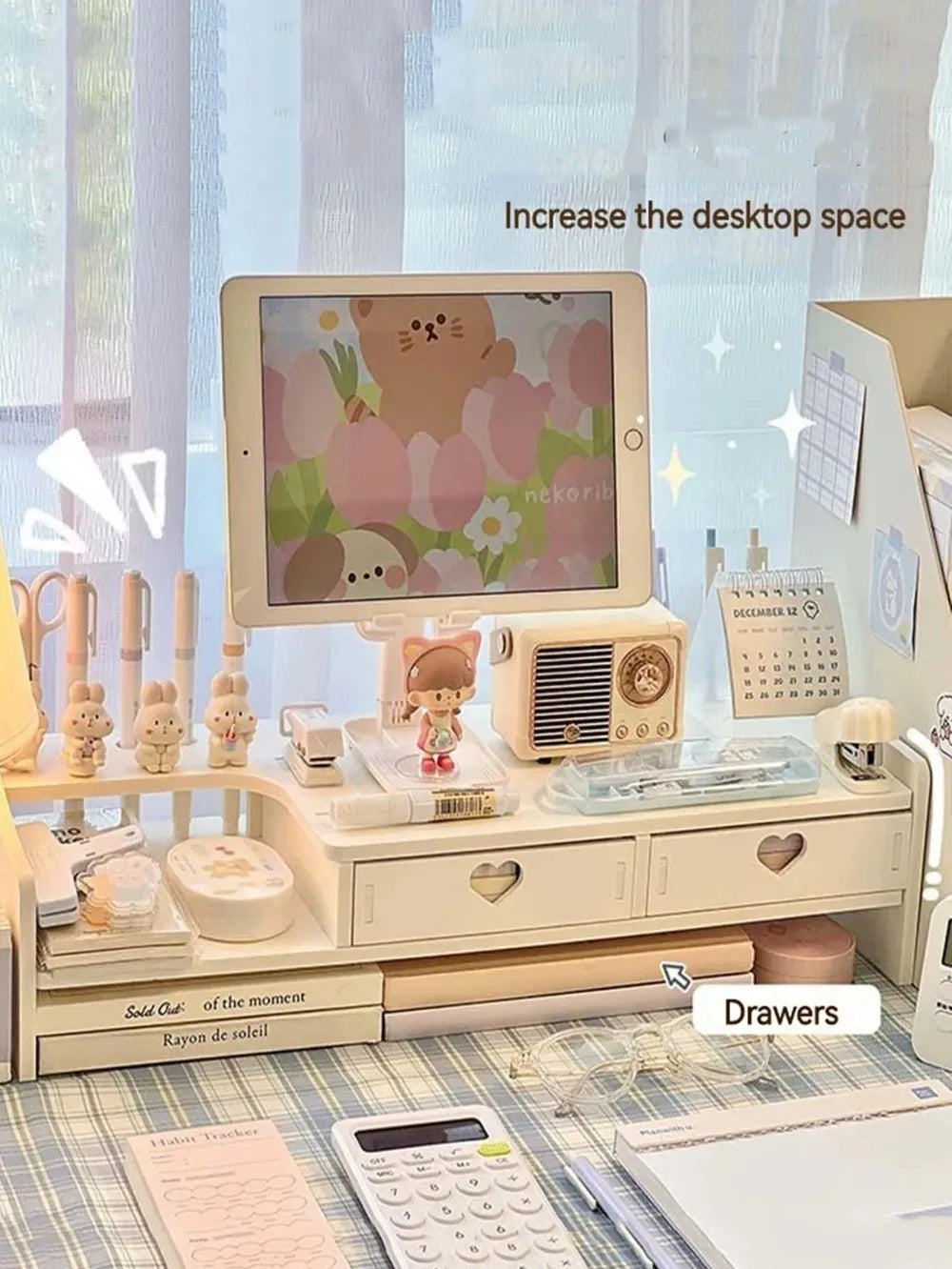 Desktop Added Shelf with Drawers Computer Monitor Stand Office Desk Storage Rack Dormitory Laptop Holder Stationery Organizer