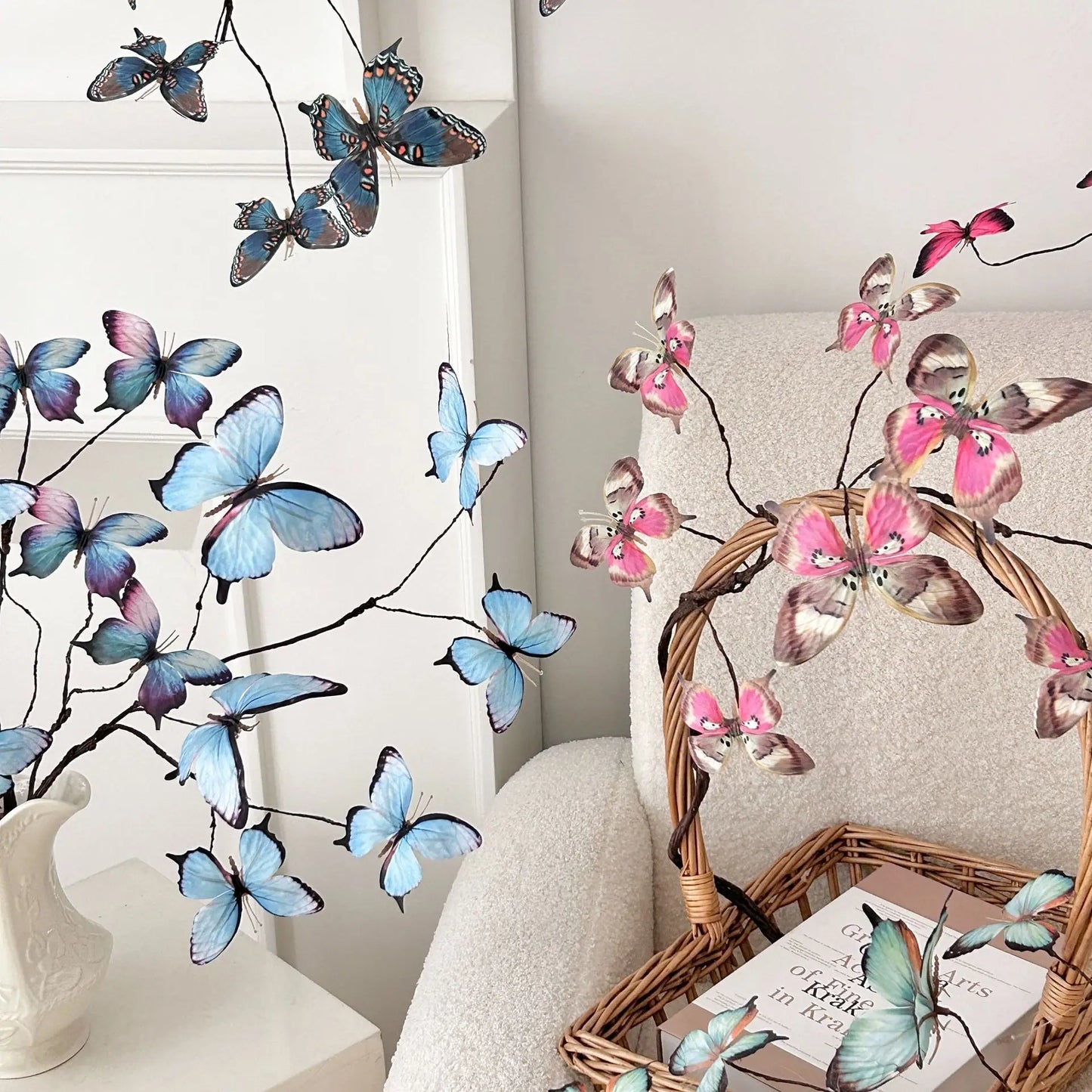 27.6 Inch Artificial Butterfly Flowers with Dried Branches Faux Floral Arrangement for Home Decor Window Display Wedding