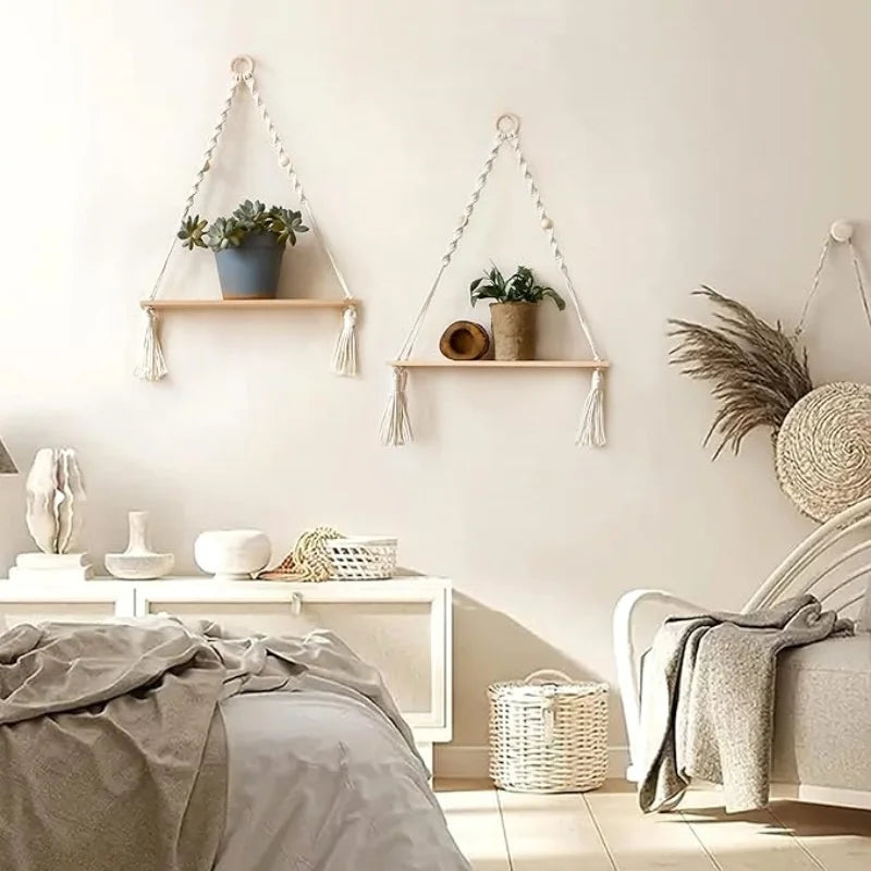 Wooden Macrame Wall Hanging Shelves - Boho Floating Shelves Macrame Plant Shelf Rustic Wall Decor for Bedroom Living Room Office
