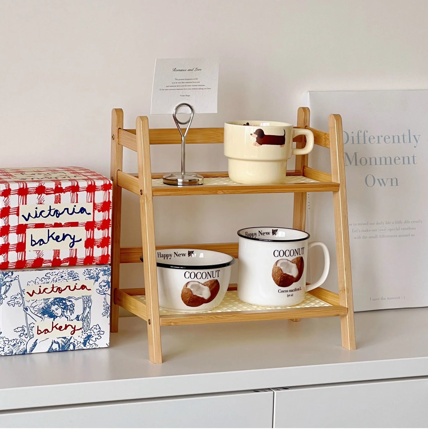 Wooden Storage Shelf 2-Tier Rattan Desktop Stand Organizer Trapezoidal Desk Display Rack Desktop Stationary Office Storage Rack